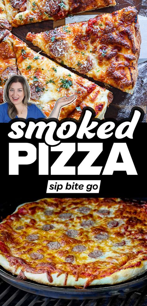 Smoke pizza with this easy recipe for homemade pizza on the pellet grill. Smoked Traeger pizza is a fast smoker recipe for beginners who want wood fire vibes. So fire up the pellet grill and start smoking pizza with these tips! | sipbitego.com Pizza On The Smoker Grill, Homemade Pizza On Smoker, Pizza On A Traeger Grill, Trager Grill Pizza Recipes, Pizza In The Smoker, Easy Traeger Dinners, Trager Smoker Pizza, Pizza In A Smoker, Pizza On Smoker Grill