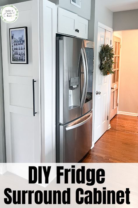 This refrigerator surround cabinet makes this kitchen fridge look built-in, plus it serves as a family command center. Tall Cabinet Next To Fridge, Frame Fridge, Cabinet On Side Of Refrigerator, Raised Refrigerator, Build Cabinet Around Fridge, Space Next To Fridge, Fridge Sticking Out Past Cabinets, Fridge Panel Cabinet, Built In Fridge And Pantry