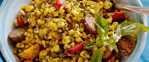 Charred Corn Salad With Basil Vinaigrette Recipe - Genius Kitchen Charred Corn Salad, Kelsey Nixon, Summer Vegetable Recipes, Summer Side Dishes Recipes, Cooking Channel Recipes, Picnic Side Dishes, Charred Corn, Basil Vinaigrette, Summer Corn Salad