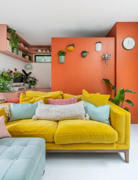 Family of 4 Colorful 450-Square-Foot UK Home Tour Photos | Apartment Therapy Apartment Paint, Colourful Homes, Outdoor Interior Design, Bigger House, Room Colours, Bedroom Nook, Rainbow House, Orange Sofa, Basement Inspiration