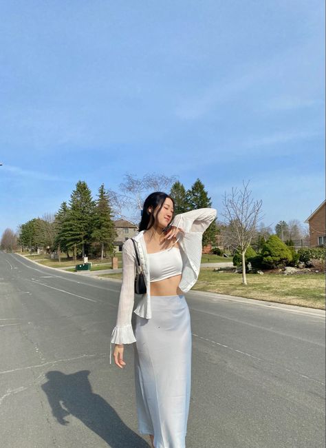 cute fit with mesh and lace sweater and long satin skirt Light Blue Satin Skirt Outfit, Blue Satin Skirt Outfit Winter, Satin Skirt Birthday Outfit, Satin Skirt Outfit Aesthetic, Long Mesh Skirt Outfits, Mesh Skirt Outfit Ideas, Skirt And Cardigan Outfit, Satin Skirt Outfit Winter, Fluffy Jacket Outfit