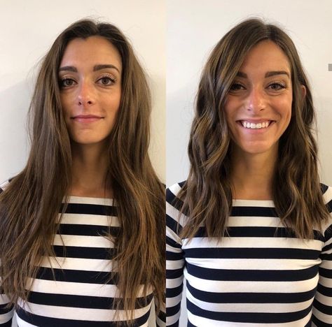 Lob Haircut Before And After Long Bobs, Long Mid Haircut, Women’s Medium Long Haircut, Long Lob Brunette, Midlength Haircuts With Side Part, Collarbone Length Hair Thick Wavy, Hair For Moms In Their 30s, Long Bob Mom Haircut, Easy Long Haircuts For Moms