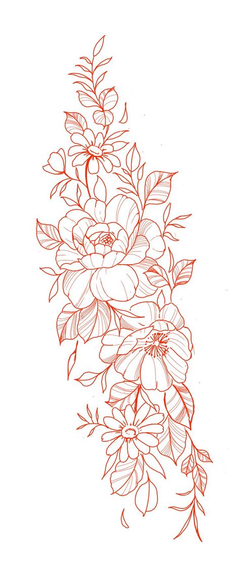 Flower Line Tattoo Sleeve, Flower Tattoos Sleeve Stencil, Arm Tattoo Ideas Stencil, Flower Cluster Tattoo Design, Background Ideas For Tattoos Sleeve, Big Tattoo Stencils For Women, Floral Spine Tattoo Design, Flower Tattoo Stencils Outline Design, Half Sleeve Floral Tattoos For Women