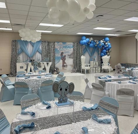 Babyboy Baby Shower Decorations, Formal Baby Shower Ideas, Boy Babyshower Ideas, Baby Shower Themes For Boys Winter, Baby Shower Room Set Up, Blue And Silver Baby Shower Ideas, Boy Baby Shower Ideas Black People, Elephant Boy Baby Shower Theme, Black People Baby Shower Ideas