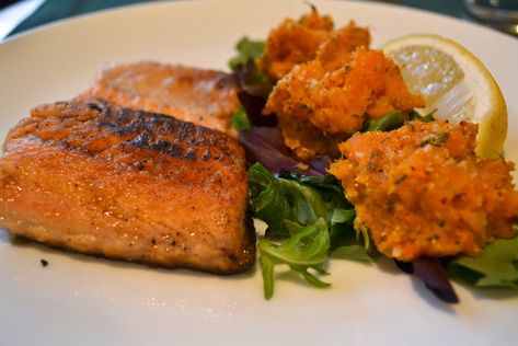 ruby red trout with rosemary sweet potato mash - Things I Made Today Fresh Fish Recipes, Trout Recipe, Gross Things, Sweet Potato Mash, Trout Recipes, Mash Recipe, My Plate, Fresh Fish, Mashed Sweet Potatoes