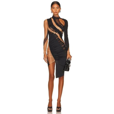 A Curvaceous Cutout Winks At The Shoulder Of This Scintillating Dress Rippled With Contrast Illusion Panels That Descend To An Off-Kilter Hem. 35" To 46" Length Hidden Side Zipper Closure Cut-Out At Shoulder Sheer Mesh Fabric With Contrast Panels Asymmetric Hem Self 1: 77% Polyamide, 23% Elastane Self 2: 82% Polyamide, 18% Elastane Made In Portugal Machine Wash Unlined Our Style No. Mugl-Wd97 Manufacturer Style No. 22s1ro1431580 Color: Multicolor Black Msrp: $2,470.00 Fwrd Model Is Wearing Size Mugler Dresses, Collection Moodboard, Style Cyberpunk, Mesh Panel Dress, Swirl Dress, Sport Style, Patchwork Dress, Long Sleeve Mini, Celebrity Fashion