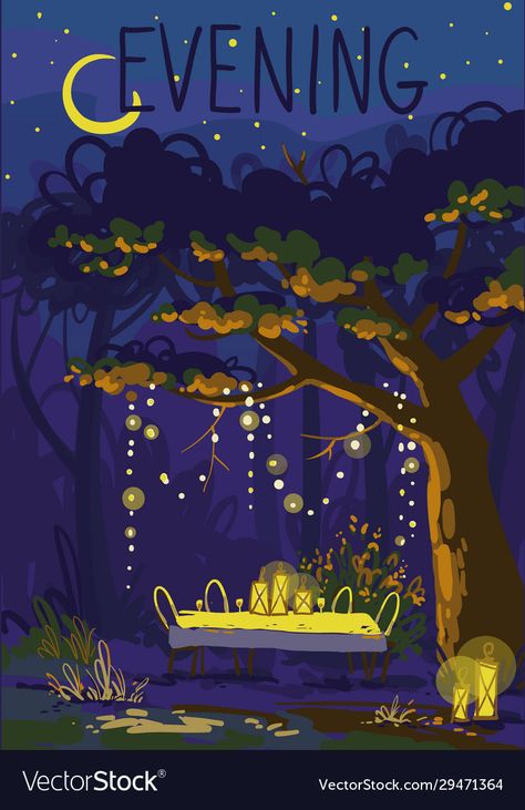 Summer Night Drawing, Summer Nights Illustration, Summer Night Illustration, Night Garden Illustration, Garden Party Illustration, Fantasy Garden Illustration, Fairy Lights Illustration, Night Market Illustration, Nighttime Illustration