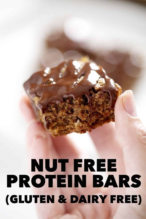 These Nut Free Protein Bars (Gluten and Dairy Free) taste just like your favorite chocolate chip store bought product. They just have more protein, less sugar, and no mystery ingredients. Nut Free Protein Bars, Sugar Free Protein Bars, Protein Bars Recipe, Peanut Free Desserts, Gluten Free Protein Bars, Tree Nut Allergy, Protein Bars Homemade, Gluten Free Protein, Gluten Dairy Free