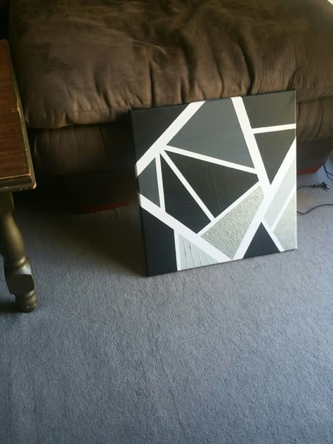 Geometric Art on canvas - Shades - black, dark grey, light grey, silver metallic paint. Created with Painters tape. Grey Paintings Aesthetic, Grey Aesthetic Painting Ideas, Black White Grey Canvas Painting Diy, Grey Painting Ideas On Canvas Easy, Black Aesthetic Canvas Painting, Grey Canvas Painting Ideas, Painting Ideas On Canvas Dark Aesthetic, Grey Painting Ideas, Square Canvas Painting Ideas Easy