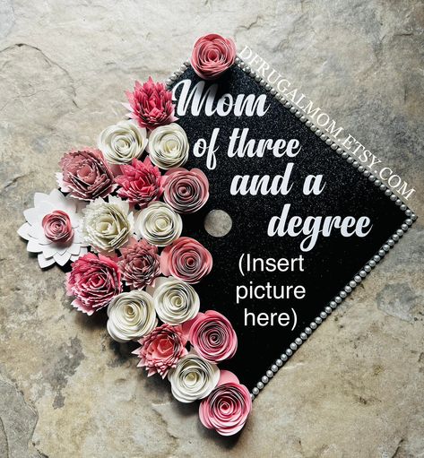 Mom Of Three And A Degree | Graduation Cap Decor | Graduation Cap Topper | Grad Cap Decor | Cap Topper | Grad Cap Design | Grad Cap Topper https://etsy.me/3mG4dgF #pink #graduation #rosegold #artdeco #flowercaptopper #glittercaptopper #graduationcap #captopper #graduat Human Services Graduation Cap, Mommy Did It Graduation Cap, Grad Cap Decor, Graduation Cap Decor, Degree Cap, Grad Cap Design, Grad Cap Topper, Mama Hair, Pink Graduation