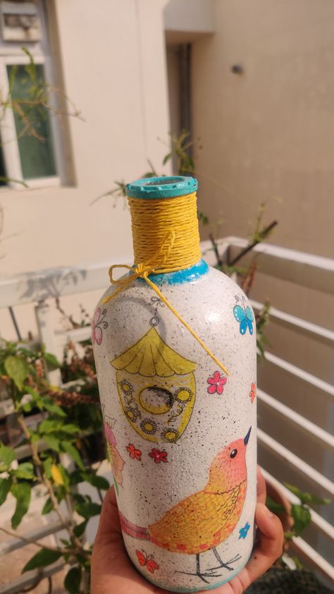 Decoupaged and hand-painted bottle for gifting and home decor Decoupage Bottles, Painted Bottle, Bottle Art, How To Paint, Vodka Bottle, Bottles Decoration, Vodka, Decoupage, Hand Painted