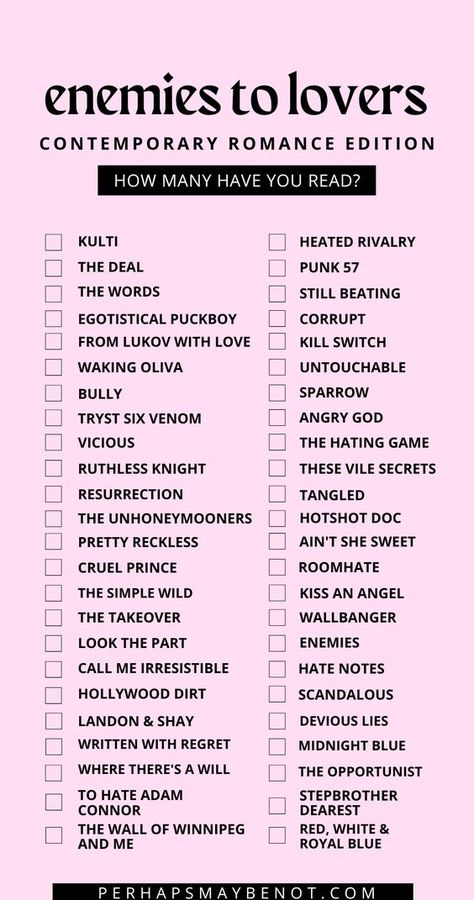 Enemies-to-Lovers Book Challenge: How many of these contemporary enemies-to-lovers romance books have you read? #books #bookstoread #romance #romancebooks #bookchallenge Enemy To Lovers Movies List, Enemies To Lovers Tv Shows, Booktok Enemies To Lovers, Enemies To Lovers Title Ideas, Romance Book Checklist, Nicknames For Enemies To Lovers, Enemies To Lovers Movies To Watch, Romance Book Challenge, Enemy To Lovers Books