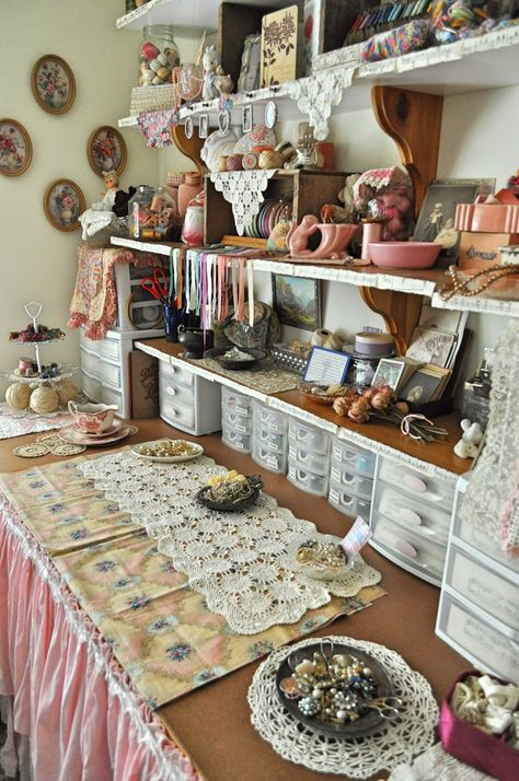 Where Bloggers Create 2014 Faith, Grace, and Crafts Cottage Sewing Room, Shabby Chic Sewing Room, Shabby Chic Craft Room Ideas, Craft Room Vintage, French Country Craft Room, Vintage Craft Room Ideas, Craft Room Shelving Ideas, Cottage Craft Room, Vintage Craft Room