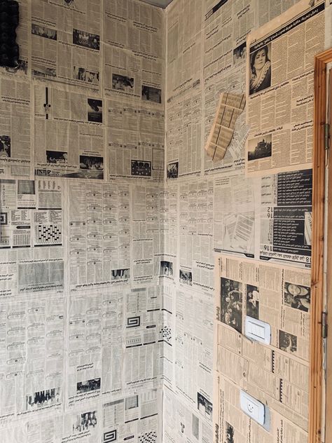 Newspaper Wallpaper Bedroom, Newspaper Wallpaper, Wall Behind Bed, Newspaper Wall, Photo Cutout, Space Phone Wallpaper, Newspaper Design, Paper Backdrop, Book Wall