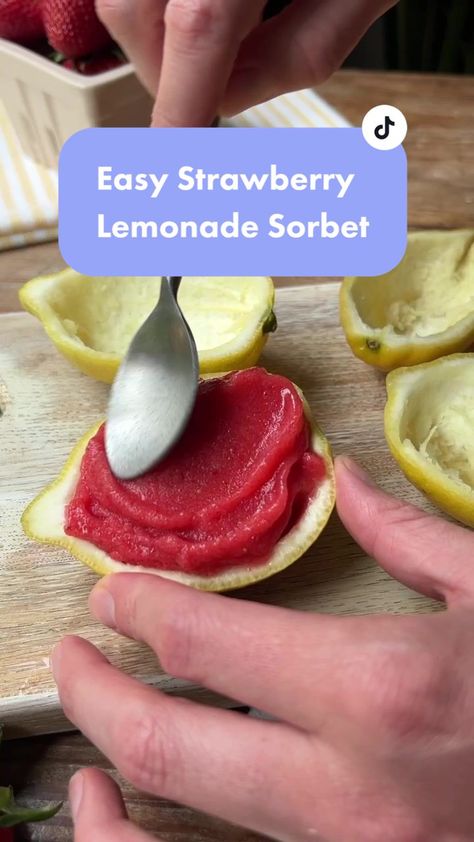 STRAWBERRY LEMONADE SORBET 🍓🍋🍨 Just 3 ingredients & served up in th... | island way sorbet | TikTok Island Way Sorbet, Strawberry Lemonade Sorbet, Lemonade Sorbet, Easy Strawberry Lemonade, Brazilian Lemonade, Crowded Kitchen, Lemon Sorbet, Sorbet Recipes, Easy Strawberry