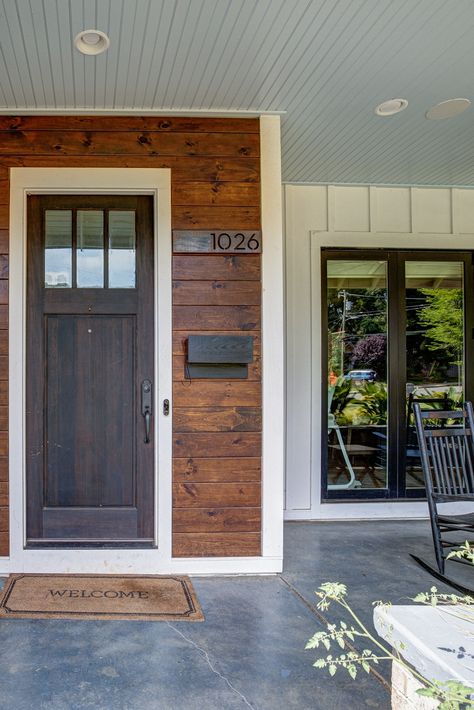 Wood Siding Around Front Door, Front Porch With Cedar Shakes, Outdoor Front Porch Ideas Modern, Wood Siding Front Porch, Front Door With Cedar Siding, Wood Accent Wall Front Porch, Outdoor Wood Accents On House, Front Porch Accent Wall, Exterior Accent Wall Front Porches