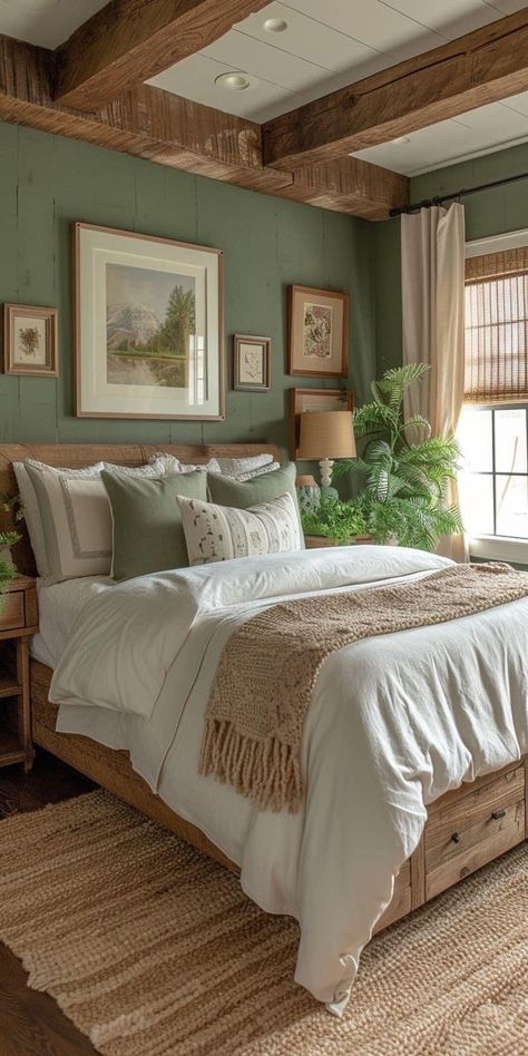 Couple Bedroom Ideas Green, Farmhouse Room Aesthetic, Natural Bedroom Color Schemes, Home Interior Design Green, Green Aesthetic Room Ideas Bedroom, Southern Master Bedrooms Decor, Cottage Master Bedrooms Decor, European Farmhouse Interior, Master Bedrooms Farmhouse