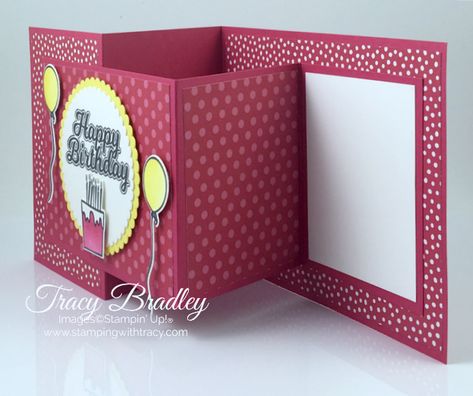 Create this easy Double Z- Fold birthday card featuring the Stampin' Up! stamp set, Blow Out the Candles and the Candles & Confetti Framelits Dies.  Created by Tracy Bradley www.stampingwithtracy.com Z Cards Template, Z Fold Birthday Cards, Double Z Fold Cards Ideas, Z Fold Cards Templates, Double Z Fold Card Tutorial, Double Box Fancy Fold Card, Z Fold Cards Ideas, Diamond Z Fold Card Tutorial, Double Diamond Fold Card