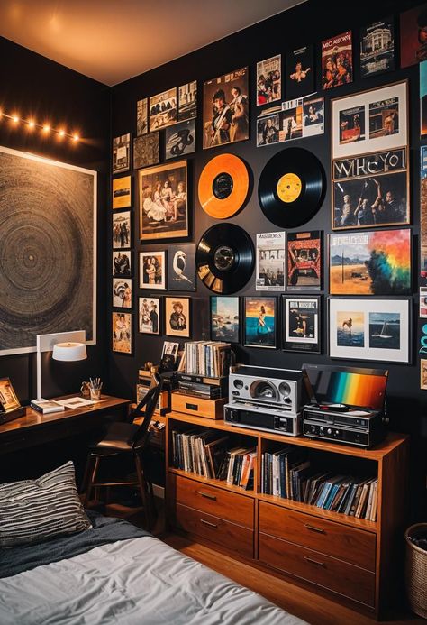 Ideas For Posters On Wall, Gallery Wall Music Theme, Wall Of Posters Bedroom, Trendy Diy Room Decor, Dorm With Posters, Mens Room Wall Decor, Room Layouts Bedroom, Music Room Ideas Decor, Vibe Rooms Ideas