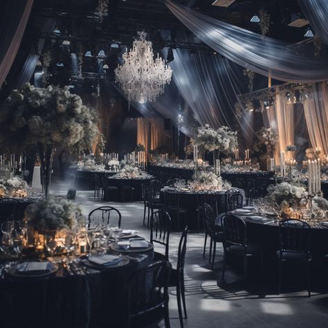 Black Debut Theme, All Black Wedding Decorations, Black Themed Wedding Receptions, Black Wedding Stage, Black And White Wedding Reception Tables, Mafia Wedding Aesthetic, Black Wedding Reception Decor, Black And Champagne Wedding, Modern Glam Wedding