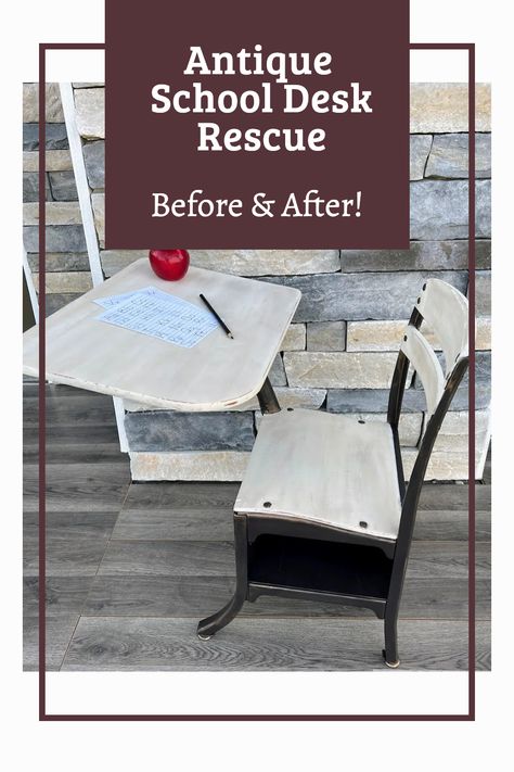 This old school desk that came from my mom's elementary school was in rough shape after many years of use. It was so bad that it wasn't safe for my granddaughter to play with it as it was. Rather than keep it packed away, I gave it a makeover to cover the rust and smooth the sharp edges of broken veneer. Visit the post to see how I rescued it. 🍎 📚 Vintage School Desk Makeover, School Desk Redo, School Desk Makeover, Old School Desk, Antique School Desk, Desk Makeover Diy, Desk Redo, Old School Desks, Vintage School Desk