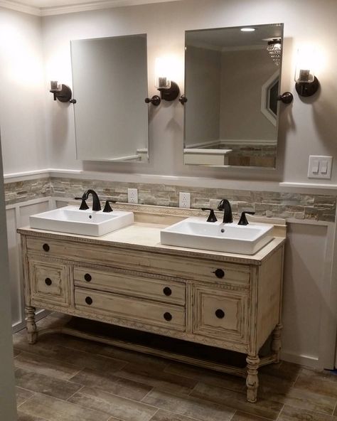 Repurposed buffet! Love Love Love our new master bath! Buffet To Vanity Bathroom, Repurposed Dresser Bathroom Vanity, Repurposed Buffet, Farmhouse Buffet Table, Lofted Cabin, Dresser Vanity Bathroom, Bathroom Things, Glass House Design, Farmhouse Bathroom Remodel