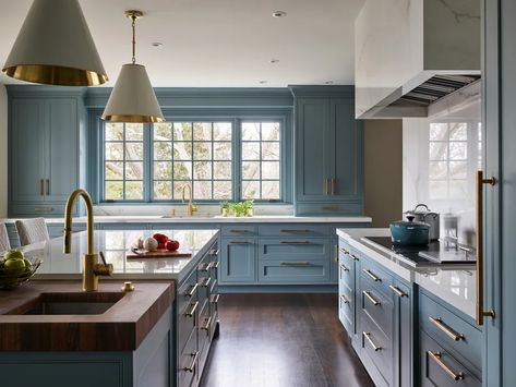 15 Beautiful Kitchen Countertop Ideas and Designs - This Old House Timeless Kitchen Cabinets, Kitchen Countertop Ideas, Blue Kitchen Island, Countertop Ideas, Cape Ann, Timeless Kitchen, This Old House, Kitchen Cabinet Colors, Transitional Kitchen