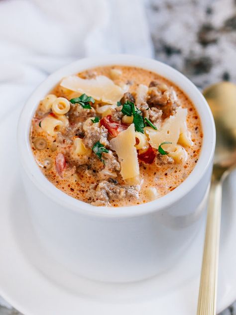 Creamy Parmesan Italian Sausage Soup - The Recipe Life Soup With Sweet Italian Sausage, Sausage Soup Crockpot, Fall Snack Mixes, Easy Soup Recipe, Italian Soup Recipes, Sausage Soup Recipes, Quick Family Meals, Italian Sausage Soup, Ground Beef And Potatoes