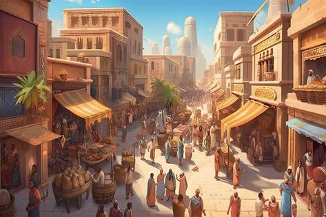 Egyptian City Concept Art, Dnd City Concept Art, Desert Town Fantasy Art, African Fantasy City, Dnd Desert City, Fantasy Desert Town, Desert Civilization, Desert City Concept Art, Desert City Fantasy Art