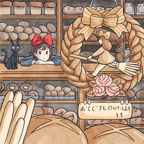 Kiki’s Delivery Service bakery scene fanart Studio Ghibli redraw Kiki and Jiji Studio Ghibli Redraw, Kiki Bakery, Kiki's Delivery Service Bakery, Kikis Delivery Service Fanart, Scene Fanart, Ghibli Redraw, Ghibli Birthday, Kiki And Jiji, Ghibli Studios