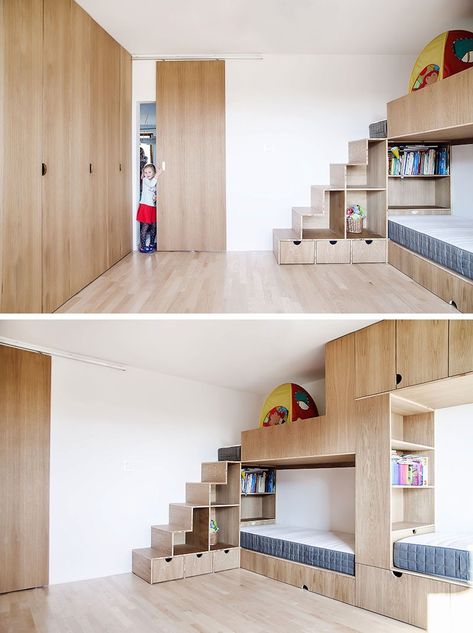 Sliding Wood Door, Bunk Bed Wall, High Ceiling Bedroom, 4 Bunk Beds, Childrens Bunk Beds, Sliding Wood Doors, Poznan Poland, Bunk Beds Built In, Modern Kids Bedroom