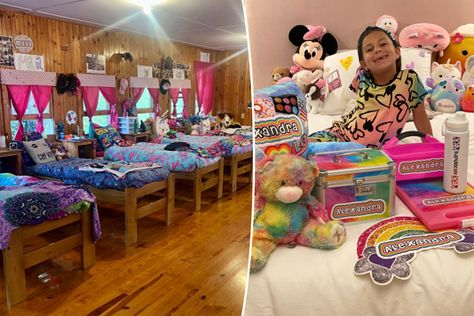 After nearly a year-long scavenger hunt for tie-dye decor, monogrammed decals and glitter for labeling water bottles, toiletries, pillows and miscellaneous swag, Natalie Liberman, gave her daughter her big summer camp “bunk reveal.” Liberman was influenced by posts she’d spent months scrolling through on Instagram — so much so, she ran up a tab of between $4,000 and $5,000, she told The Post. Her 7-year-old daughter Alexandra’s eyes lit up when... Sleepaway Camp Activities, Camp Bunk Decor, Big Sister Training Camp, Summer Camp Bunk Decorations, Summer Camp Cabin Bunk Rooms, Summer Camp Bunk, Summer Camp Sleepaway, Camp Trunks, Tie Dye Decorations