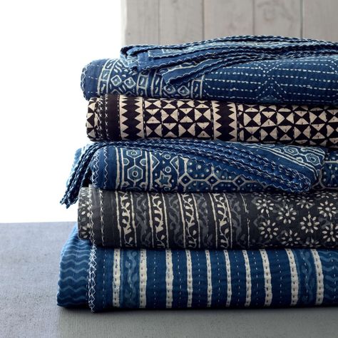 Inspired by traditional Indian kantha quilts, this cotton coverlet features a block-style print on an ink-colored background.Product Overview Color: Blue Dimension: King: 96"D x 108"W Queen: 96"D x 96"W Material: 100% Cotton Pine Cone Hill Bedding, Herringbone Rug, Pine Cone Hill, Annie Selke, Coverlet Bedding, Dash And Albert, Kantha Quilts, Indigo Colour, Cotton Curtains