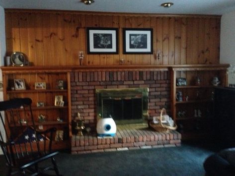 q updating knotty pine wall, woodworking projects Whitewash Knotty Pine Walls, Knotty Pine Living Room, Wood And Brick, Pine Dining Room, Apartment Front Doors, Knotty Pine Paneling, Pine Paneling, 1900 Farmhouse, Apartment Front