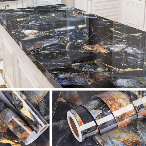 Contact Paper Countertops: 5 Things to Know Before Attempting This DIY Project Contact Paper Counter, Paper Countertops, Peel And Stick Countertop, Countertops For Kitchen, Gold Marble Wallpaper, Bathroom Vanity Decor, Wood Adhesive, Black And Gold Marble, Stainless Steel Countertops