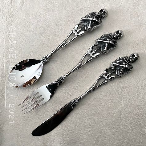 Gothic Utensils, Skeleton Silverware, Gothic Silverware, Cool Silverware, Gothic Kitchenware, Halloween Silverware, Wedding Silverware, Gothic Cottage, Goth Kitchen