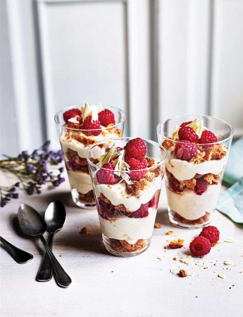 Recipe: White chocolate and raspberry amaretti cheesecake pots Cheesecake Pots, Dessert Pots, Amaretti Biscuits, Sainsburys Recipes, Chocolate And Raspberry, Cheesecake Dessert, Desserts With Biscuits, Light Desserts, Cheesecake Desserts