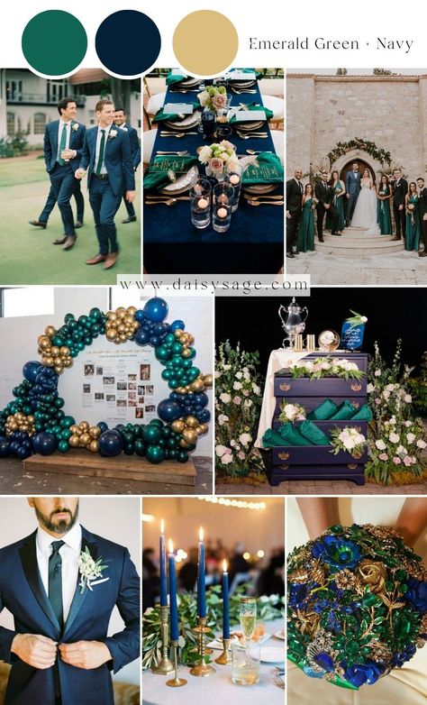 Emerald Green and Navy Wedding Color Idea Emerald Green And Navy Wedding, Green Wedding Color Schemes, Green And Navy Wedding, Elegant Navy Blue Wedding, Emerald Wedding Colors, Emerald Green Wedding Theme, Hunter Green Wedding, Forest Green Wedding, Navy Blue And Gold Wedding