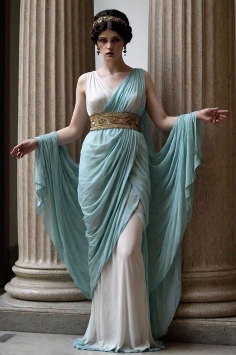 Greece Women Outfit, Greek Ancient Clothing, Roman Dress Ancient, Greek Mythology Outfits, Ancient Rome Fashion, Roman Goddess Costume, Ancient Greek Dress, Ancient Greece Fashion, Ancient Roman Clothing