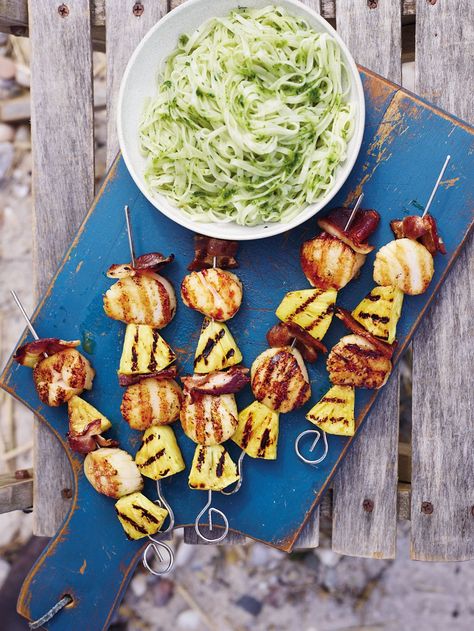 Scallop, Pineapple, and Bacon Skewers with Jalapeno Vinaigrette Scallop Skewers, Jalapeno Vinaigrette, Bacon Skewers, Pineapple Rice, Bamboo Skewers, Fresh Lime, Fresh Lime Juice, Skewers, Nutrition Recipes