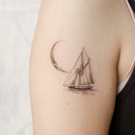 Dock Tattoo Simple, Sailing Tattoos For Women, Small Ship Tattoo, Yacht Tattoo, Wrist Hand Tattoo, Sailing Tattoo, Daniel Tattoo, Bird Shoulder Tattoos, Sailboat Tattoo