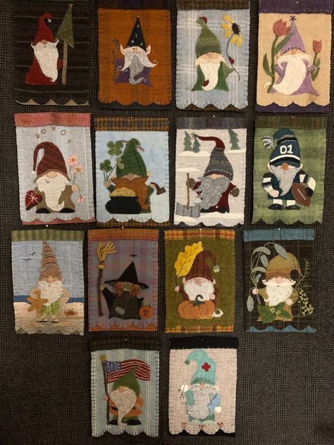 "All 14 Gnome patterns, a savings of $20.00. Each gnome measures 5.5\" x 8.5\" and has a built in sleeve. You will get patterns for holiday and just for fun patterns too. Easy stitching" Gnome Quilt, Wool Ideas, Sewing Upholstery, Mini Quilt Patterns, Wool Felt Projects, Wool Applique Patterns, Felted Wool Crafts, Charm Quilt, Wool Quilts