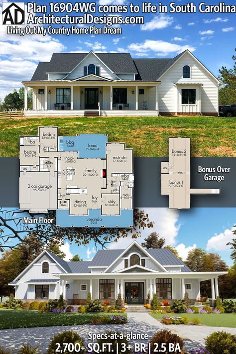 Architectural Designs Country House Plan 16904WG client-built in South Carolina! 2700 Sq Ft - 3 to 4 Bedrooms with a bonus over the garage - 2.5 Baths - 2-Car Side Entry Garage. Ready when you are! Which plan are YOU going to choose? Side Garage, Side Entry Garage, Large Laundry Rooms, Open Concept Layout, Barbecue Area, Beautiful Home Designs, Live Your Dream, Country House Plan, Island With Seating