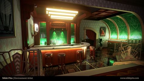 Bioshock Art Deco, Art Deco Spaceship, Casino Concept Art, Bar Concept Art, Scifi Bar, Casino Cashier, Dieselpunk Art, Art Deco City, Interior Concept Art