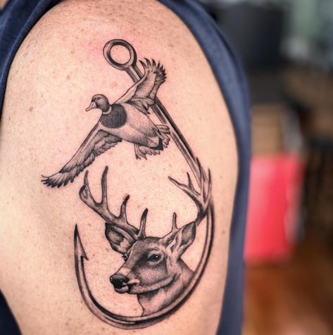 Hunting Fishing Tattoo Ideas, Hunting Duck Tattoo, Men Tattoo Ideas Hunting, Cool Hunting Tattoos, Deer And Fish Tattoo, Deer And Duck Tattoo, Tattoo Ideas For Outdoorsmen, Tattoos Under 100 Dollars, Deer And Fishing Tattoo