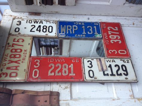 Old license plate mirror Old License Plate Ideas, License Plate Crafts Projects, License Plates Diy, License Plate Ideas, License Plate Decor, License Plate Crafts, Cool License Plates, Quirky Furniture, Repurposed Junk