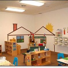 Classroom Playhouse, Exterior Lighting Ideas, Exterior Bungalow, Shingles Roofing, Preschool Rooms, Prek Classroom, Dramatic Play Preschool, Dramatic Play Area, Preschool Centers