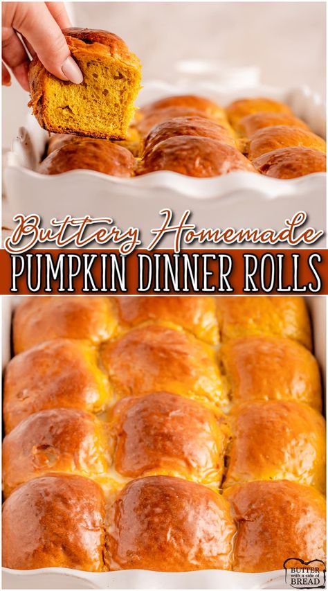 Honey Butter Pumpkin Rolls are pillowy soft homemade rolls perfect for Fall! Dinner rolls with fantastic honey butter flavor & a hint of pumpkin that everyone loves! Pumpkin Yeast Rolls, Pumpkin Dinner Rolls, Butter Spreads, Pumpkin Dinner, Pumpkin Rolls, Caramel Apple Dump Cake, Cake Pumpkin, Apple Dump Cakes, Thanksgiving Week