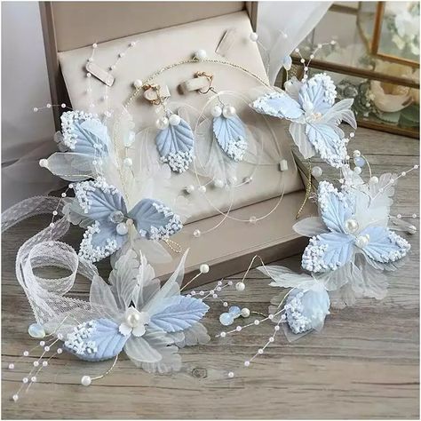 US $6.22 30％ Off | Super Fairy Light Blue Lace Headdress Flower Leaf Headbands Necklace Earrings sets Wedding Bridal Hair Accessories Light Blue Hair Accessories, Light Blue Accessories, Soft Blue Wedding, Lace Hair Accessories, Pastel Accessories, Fairy Things, Blue Hair Accessories, Light Blue Hair, Wedding Bridal Hair