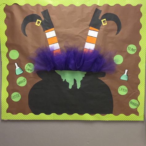 Halloween bulletin board. Witch in cauldron pot. Cauldron Bulletin Boards, Easy Halloween Bulletin Boards, Witch Bulletin Board Ideas, Halloween Preschool Board, Halloween Class Board, Halloween Classroom Decorations Bulletin Boards, Halloween Bulliten Boards, Halloween Bulletin Boards For Work, Halloween Themed Bulletin Boards